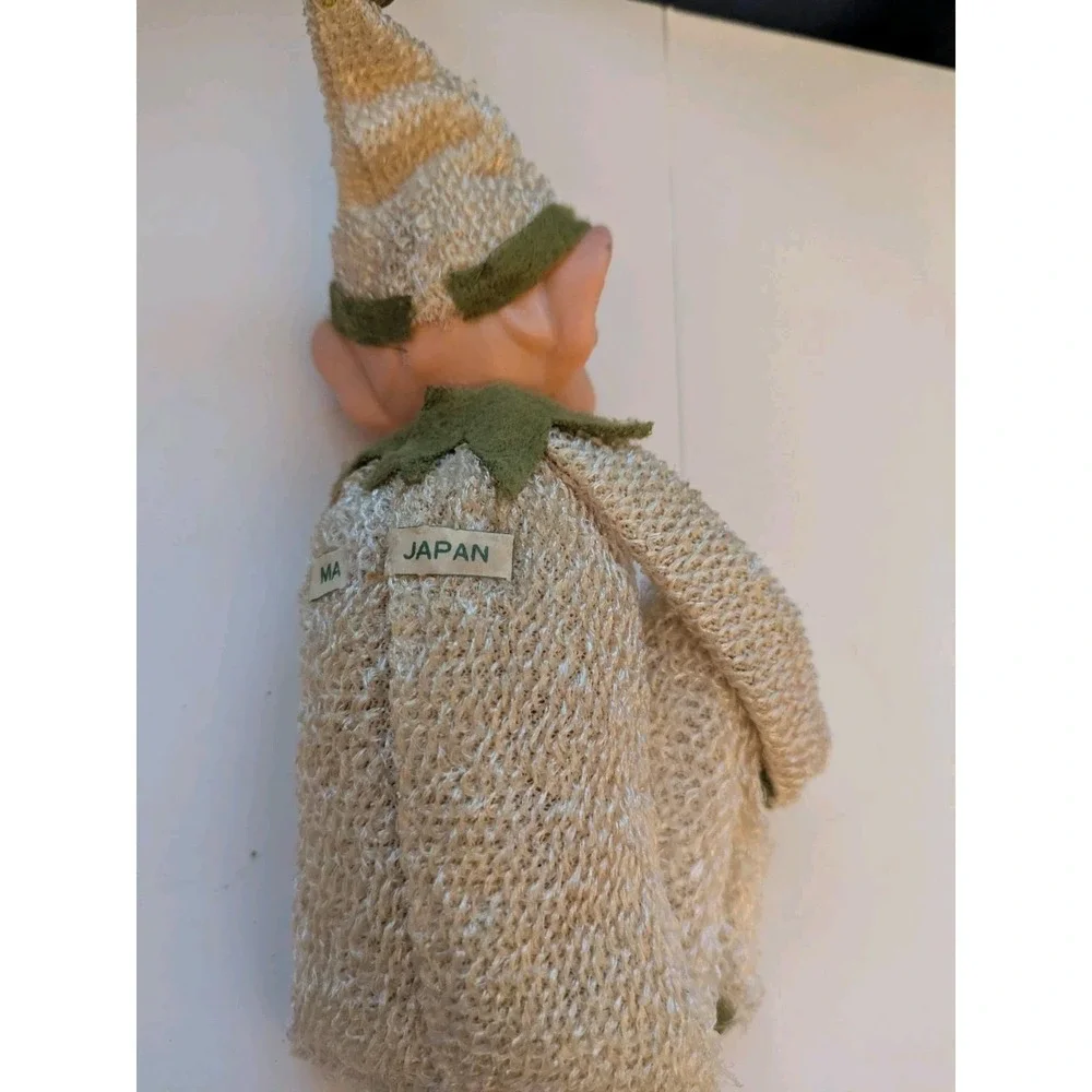 Vintage Christmas Knee Hugger Elf Pixie White Green Bell Ornament Doll Figure Ti
